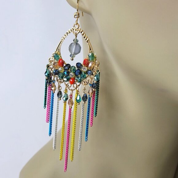 Colourful Crystals Long Tassel Earrings - Picture 5 of 7